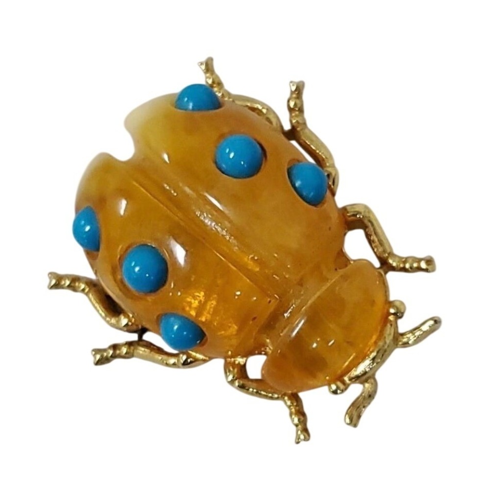 Kenneth Jay Lane KJL Vintage Amber Resin Turquoise Ladybug Brooch Gold Tone Pin